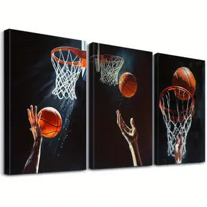2D flat, set of 3 framed game scene posters, sports canvas art wall decoration, dynamic sports artwork, basketball action photos, home canvas decoration, framed ideal gift