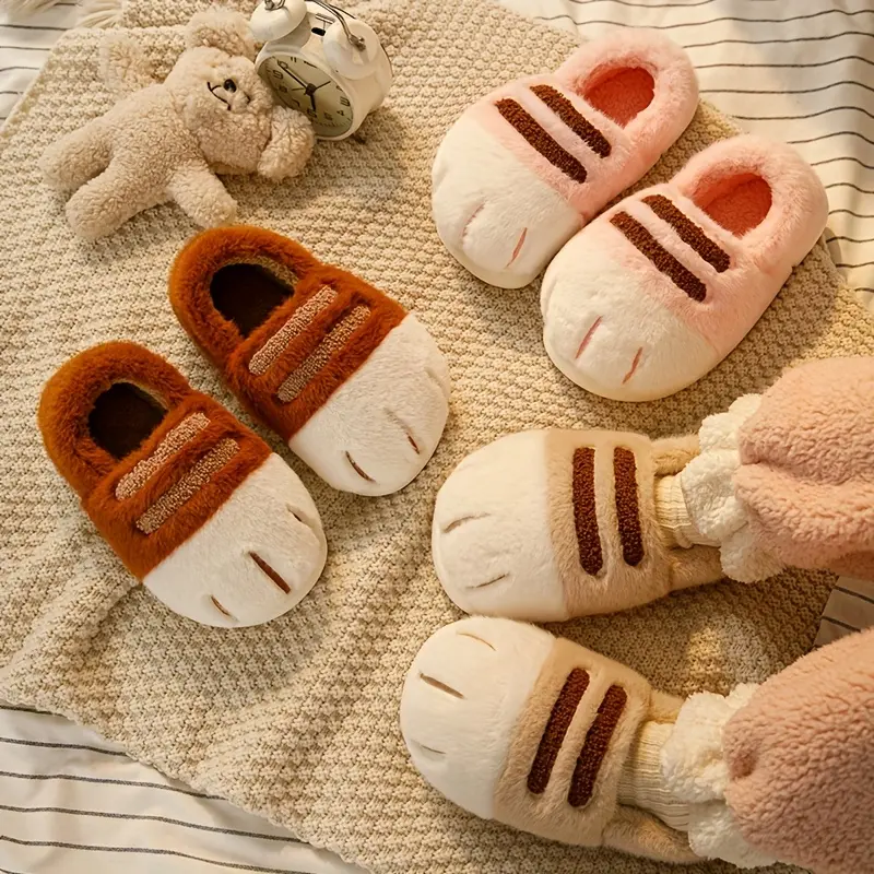Cute Cat Paw Plush Ankle Slippers for Women and Men, Warm Fabric Indoor House Shoes with a Thick Sole and Round Toe, Footwear, Cute Slippers, Cartoon, Slip‑On No Fuss