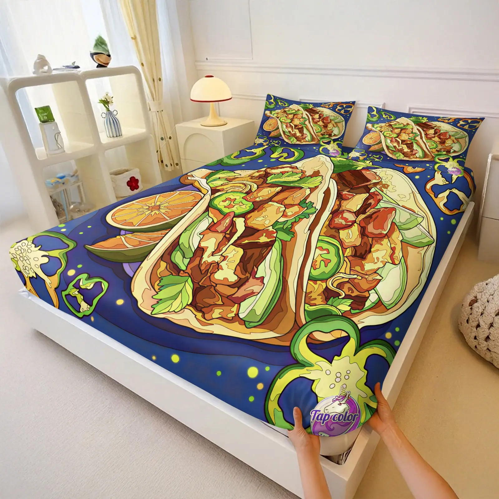Mexican Taco Graffiti Bedding Set 3-Piece, Includes 2 Coreless Pillowcases, American Street Style Cool Fun Bedroom Kit, Youth Room Decor