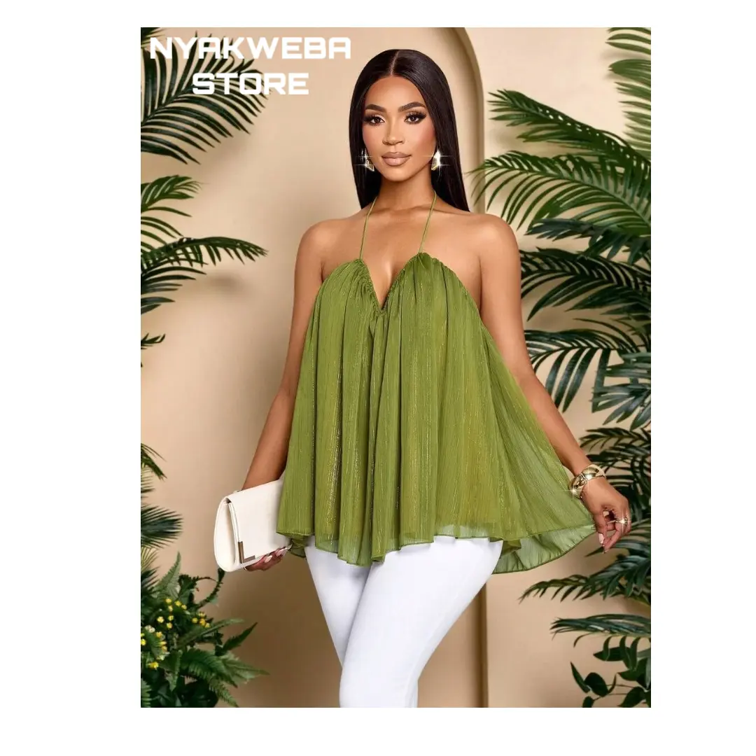 NYAKWEBA Women's Halter Neck Pleated Flowy Top – Metallic Shimmer Backless Cami Tank, Summer Vacation & Night Out Party Blouse
