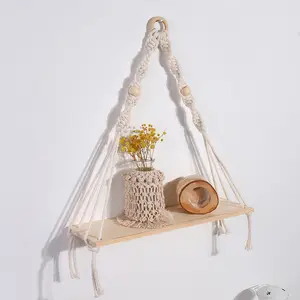 Boho Macrame Wall Hanging Shelf, Handmade Cotton Rope Floating Shelf with Wood Board for Bedroom, Living Room & Plant Decor