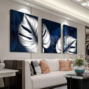 3pcs Modern Abstract Blue & White Leaf Canvas Art Set with Wooden Frames - Waterproof, Elegant Wall Decor for Living Room, Bedroom, Office - Stylish Wrapped Canvas Panels, Canvas Wall Art, 2D, Perfect for Room Decor Hanging Print Gift Artistic