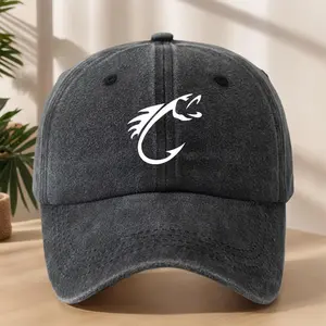 Vintage Fishing Cap for Men Washed Soft Breathable Hat with Fish Hook & Trout Print Non-Stretch Design for Outdoor Camping
