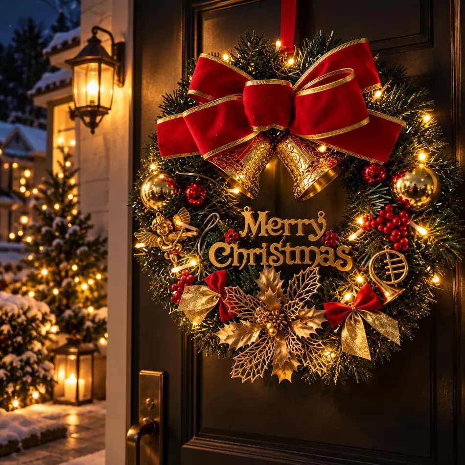 Pre Lit Christmas Wreath for Front Door with LED Lights Large Red Bow Gold Bells Merry Christmas Sign Shiny Baubles Poinsettia Flowers Artificial Pine Holiday Winter Wall Hanging Home Decor Supplies Gift