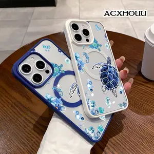 Sea Turtles and Ocean Elements Pattern Magnetic Phone Case for iPhone 17 16 15 14 Pro Max 13 12 11 XR XS Plus Anti-Yellowing Shockproof Lightweight Transparent Acrylic Soft Cover Supports Wireless Charging