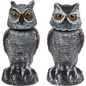 2 Pack Fake Owl Decoys with Rotating Head Bird Deterrents Plastic Scarecrow Statues Pest Repellent for Outdoor Gardens and Patios