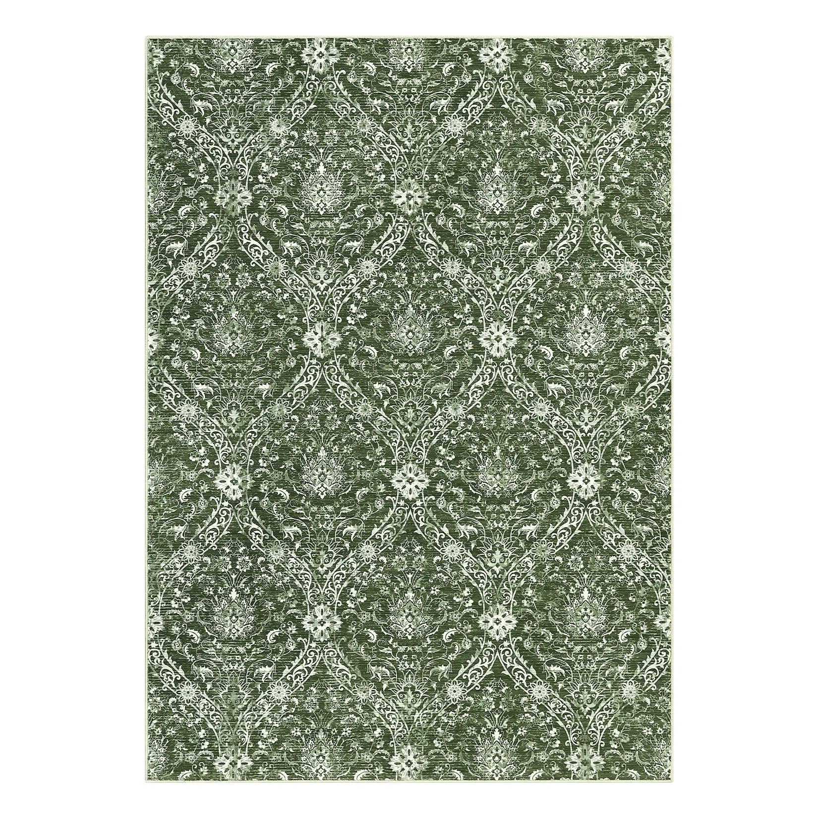 Boho Floral Area Rug, 5x7 ft Rectangular Polyester Cashmere-Blend Green Washable Foldable Flower-Print Rug for Hallway, Bathroom Use, Boho Floral Rug