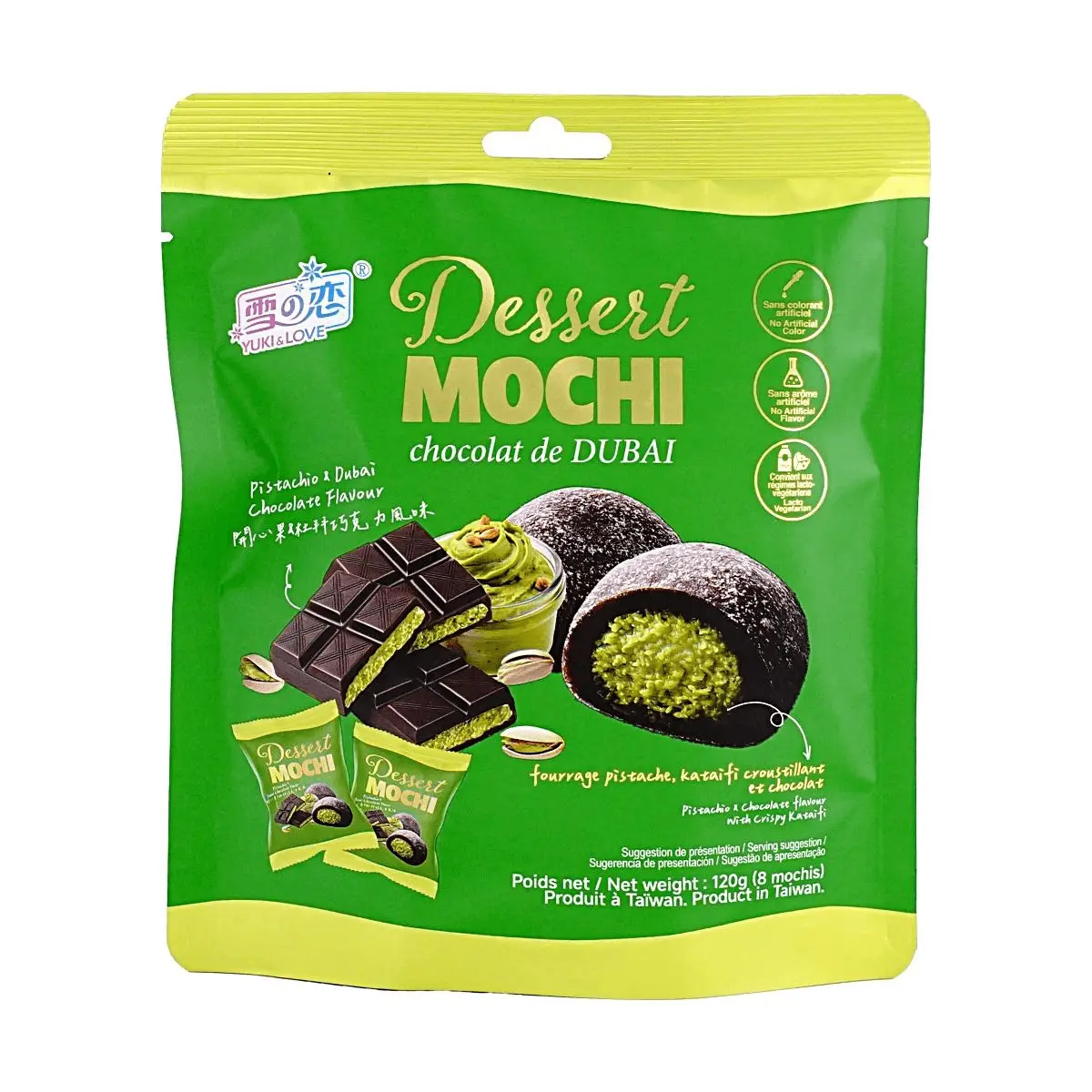 YUKI&LOVE Pistachio Dubai Chocolate Mochi Daifuku - 120g Taiwanese Soft Rice Cake Snacks