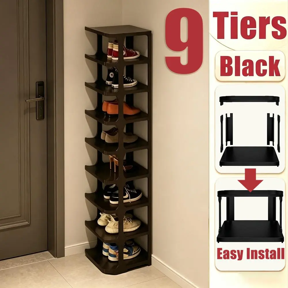 Black Minimalist Shoe Display Stand,6&9 Tier Vertical Freestanding Shoe Rack,Narrow Entryway Corner Storage,Stackable Shoe Holder,Easy Assembly,Bedroom,Dorm Small Space Footwear Organizer