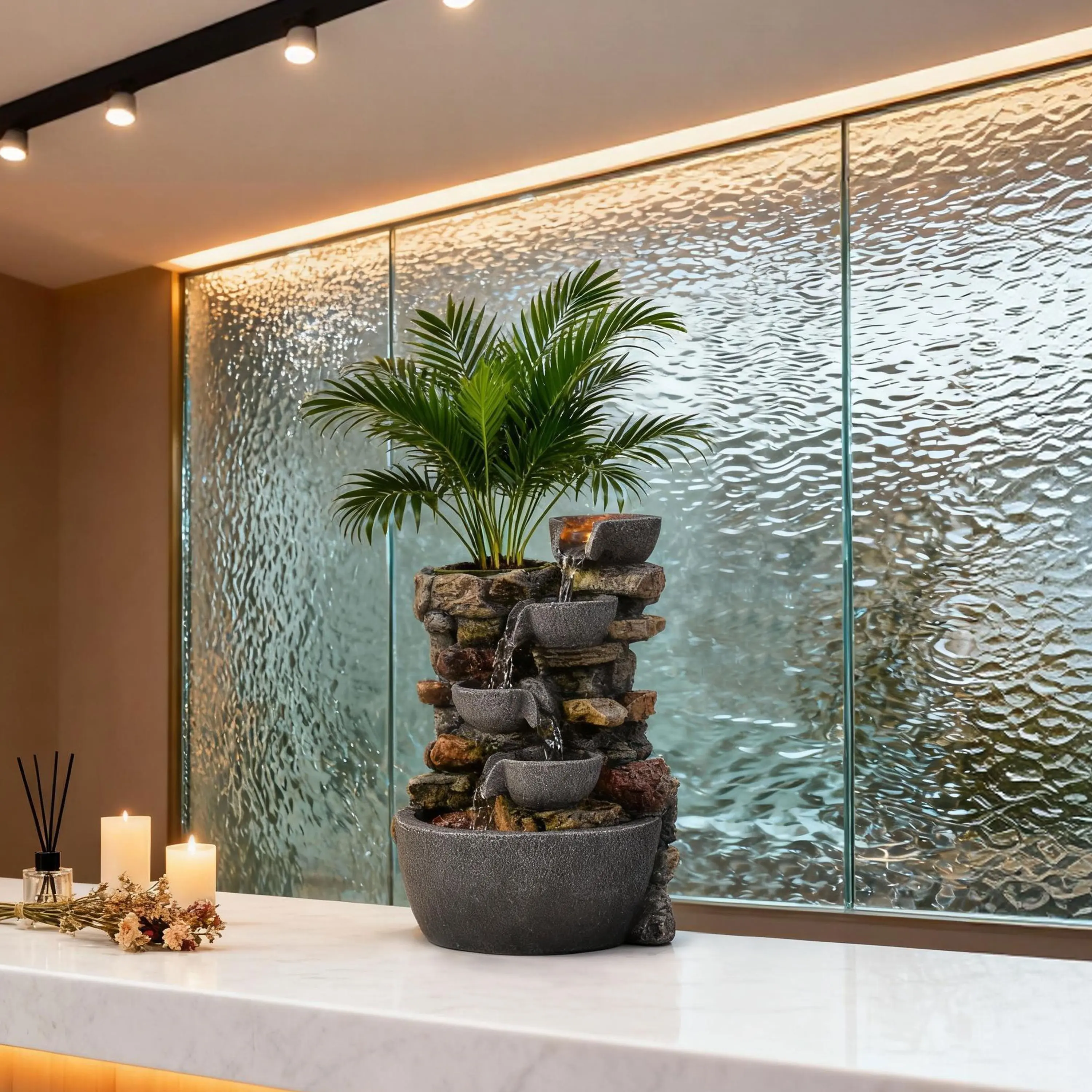 Polyresin Desktop Fountain - 4-Basin Artificial Hill Bowl, 6.5 x 5.5 x 9.8 inches Lightweight DIY Plantable Statue, LED Light Relaxing Zen Home Decor, Decorative Sculptures for Stress Relief Unique Gift