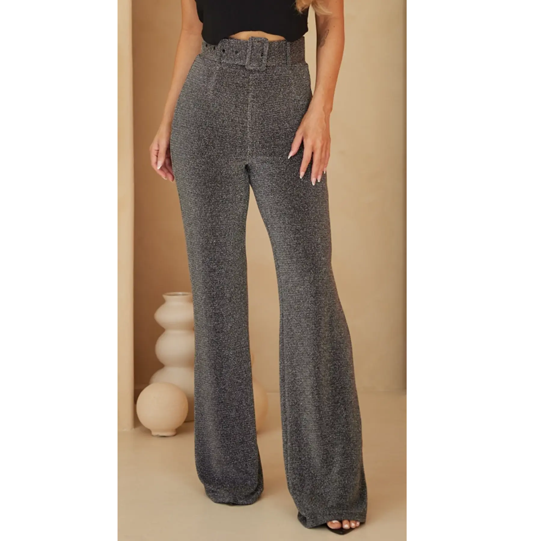 HIGH WAIST LUREX FABRIC FASHION PANTS - SHIMMER ALL AROUND DETAIL Bottom Comfort