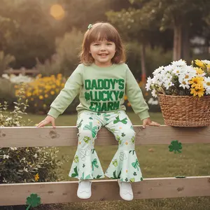 Toddler Girl St. Patrick's Day Outfit Set - "Daddy's Lucky Charm" Embroidered Pullover + Shamrock Flare Pants 2-Piece