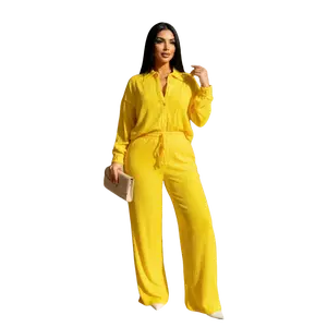 JOYPAY Women's Casual 2-Piece Set - Fitted Mock Neck Long-Sleeve Ruched Shirt & Wide-Leg Pants, European & American Style Yellow Polyester Blend Women's Clothing, Woman 2 Piece Set