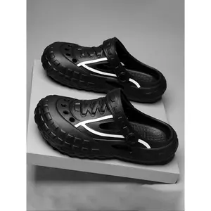 Men's Casual Plain Fake Lace-up Clogs, New Style Lightweight Breathable Comfortable Non-slip Clogs, Fashionable Anti-odor Slippers for Outdoor Beach Vacation