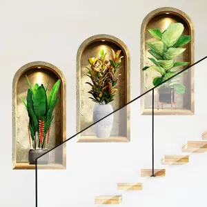 3-piece set, Nordic green plant themed simulated arched window flower basin wall sticker, self-adhesive removable decorative sticker, suitable for wall decoration in living rooms, dining rooms, and study rooms