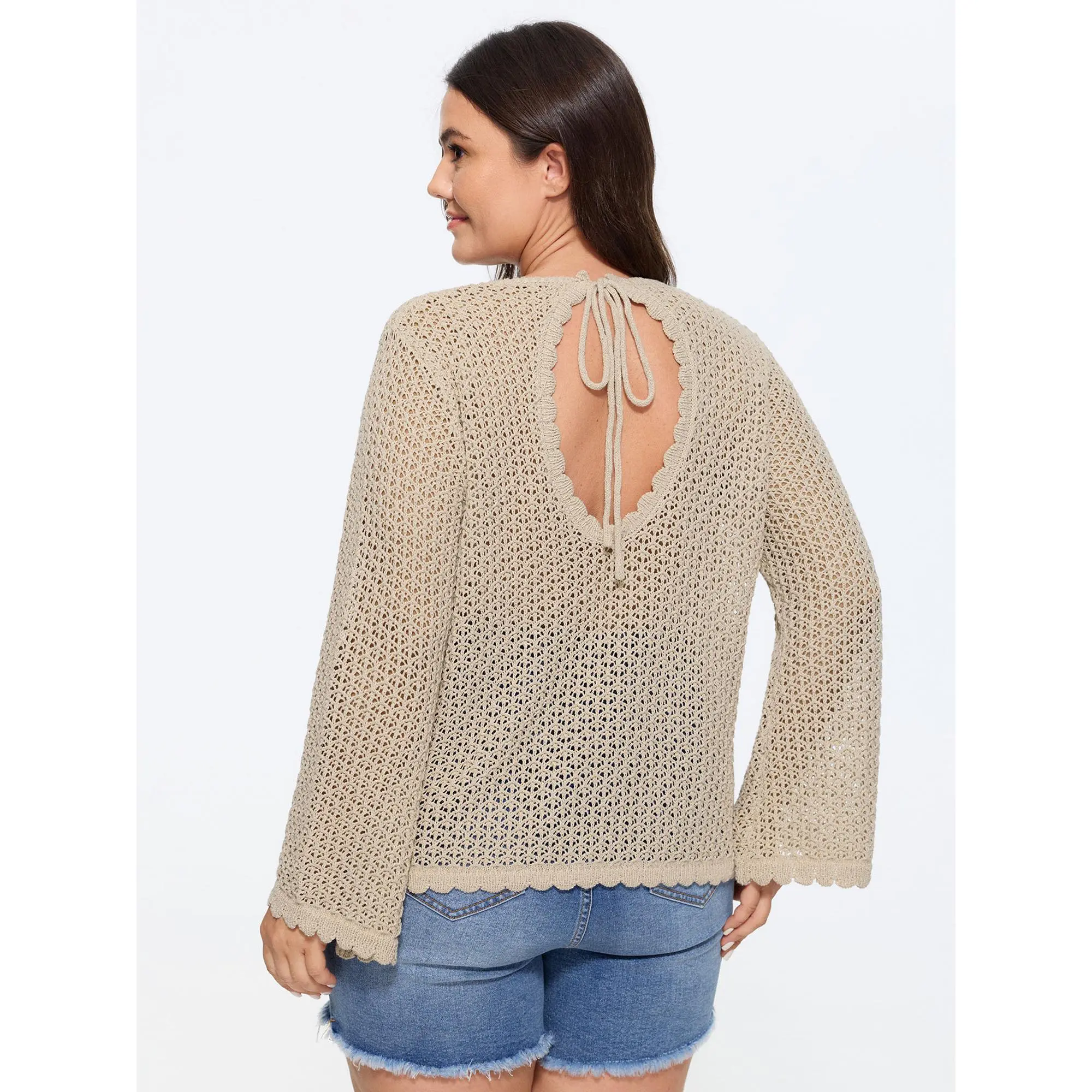 BloomChic Women's Plus Size Long Sleeve Polyester Knitwear Cardigan - Sheer, Hollow Out, Back-Tie, Size M-6X, 2026 Summer Outfits, Summer Finds, Soft Fabric Garment, Tops, Sheer Look, Back Tie Detail