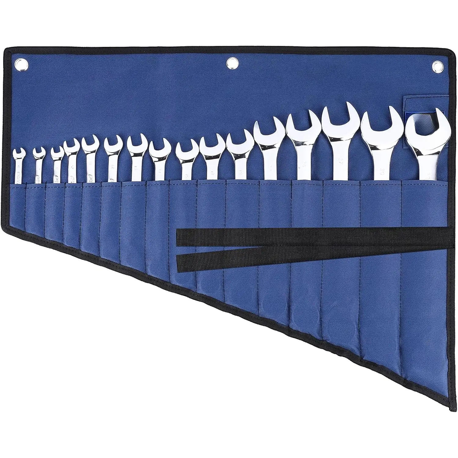 16-Specially Designed Pockets Wrench Roll Organizer, Compact 600D Oxford Fabric Tool Bag with 3 Hanging Rings, Durable Easy-to-Clean Material, Excellent Craftsmanship with Tight Stitches, Blue