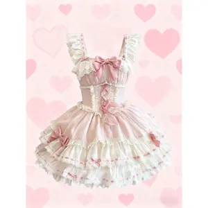 2026 Sweet Lolita Mini Dresses Women Lace Patchwork Short Sleeve Elegant Bandage French Vintage Short Party Dress Female