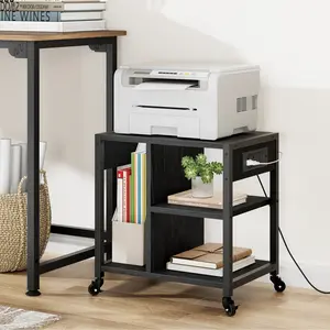 3-Tier Mobile Printer Stand with Storage Shelf – Power Outlets & USB Charging Ports – Rolling Cart with Lockable Wheels – Under Desk or Desktop Printer Table for Home Office, Small Spaces, Black/Grey