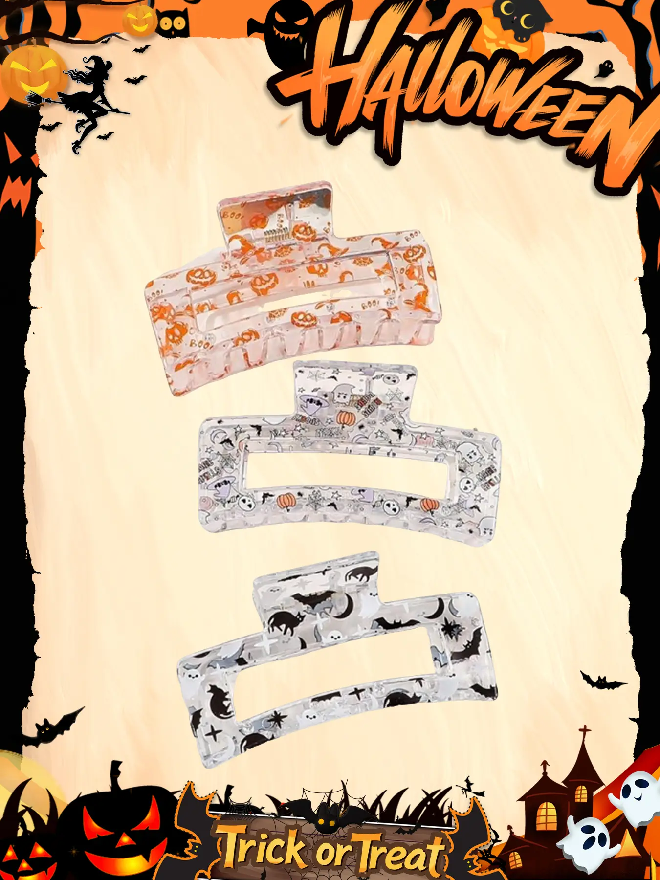 2025 New Arrival Halloween Limited Edition 3 Piece Halloween Hair Clips Set, Fun Claw Clip Pack, Pumpkin Ghost Bat Moon Patterned Transparent Shiny Clip Party Gift Idea, Trick or Treat, Dark Gothic Style, Cosplay Accessories, Hair Decor