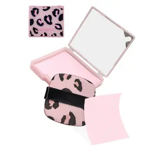 Leopard 3-in-1 Facial Oil-Blotting Paper Set with Portable Mirror and Adhesive Cotton Pads for Oily Skin, Designed for Women (100 Sheets, Pink Leopard)