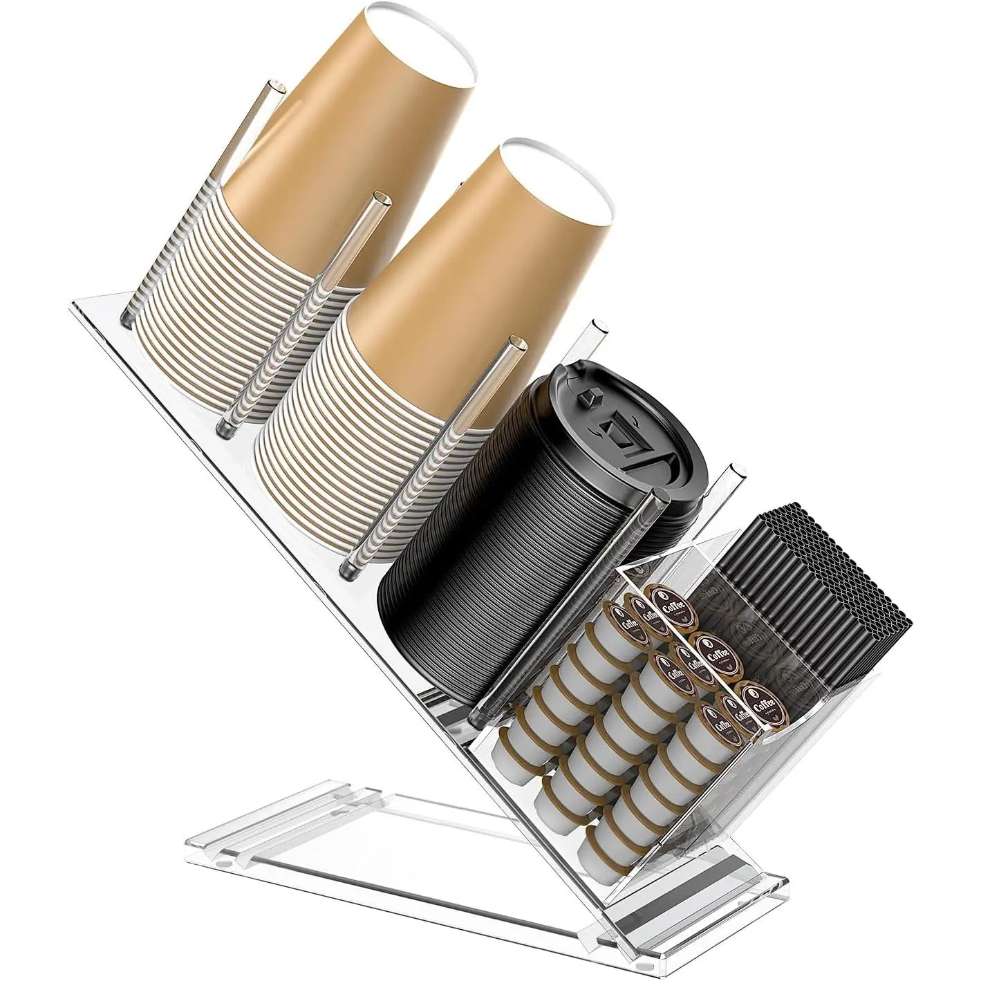 Cup and Lid Holder with Straw Organizer, Adjustable Coffee Cup Holder Organizer, 5 Compartment Cup Dispenser for Disposable Paper & Plastic Cups, for Station  Countertop Bar Breakroom