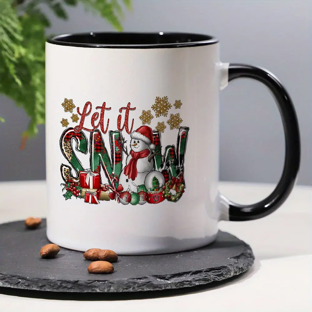 Let it Snow" Funny Winter-Themed Ceramic Coffee Mug, 11oz – Festive Snowman Design with Gifts & Plaid Border, Perfect Christmas Gift for Home, Office, or Parties, Snowflake Decorations