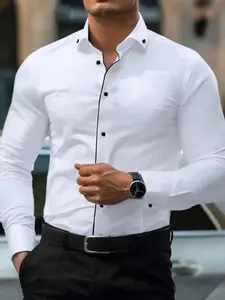 ZYNE Men's Casual Formal Button Shirt, Classic Long Sleeve Patchwork Design, Regular Fit Versatile Style for Formal & Leisure Wear Cs1877