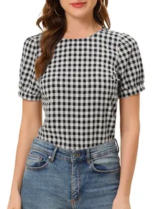 INSPIRE CHIC Check Top Gingham Crew Neck Puff Short Sleeve Casual Vintage Plaid Blouse