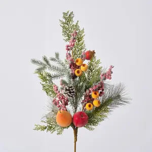 Sugared Apple, Pears, Crated Berries with Flocked Glittered Pine & Pinecone Holiday Stem - 34"