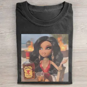Bratz Doll Fireball Whiskey Party Graphic T-Shirt, Hot Girl Chaos Meme Funny Parody Shirt, Y2K Glam Dollcore Night Out Tee, Vintage Graphic Tee, Unisex Cotton Crewneck T-Shirt Menswear Womenswear Streetwear Top