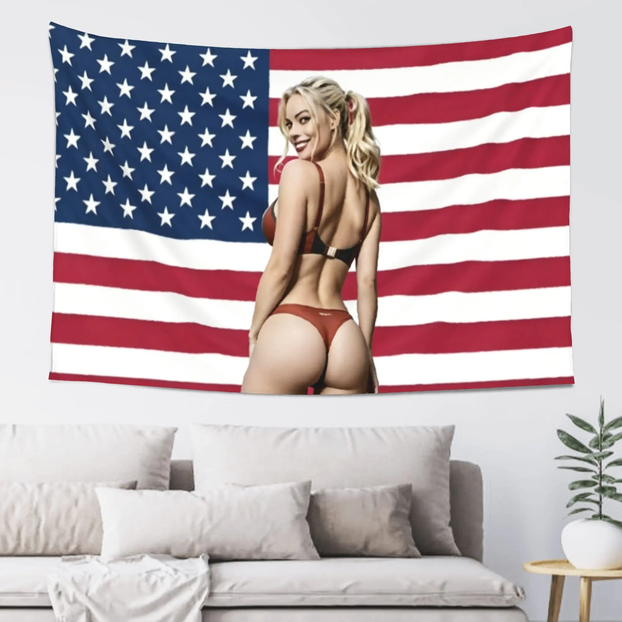 Margot Robbie  American Flag Tapestry Fan Art Whimsical USA Patriotic Flag Banner Independence Day Home Decor Room