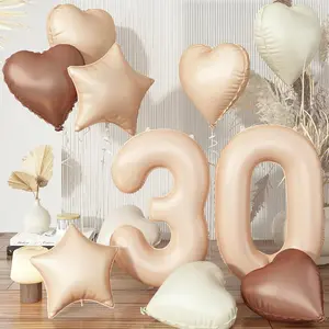 Neutral Beige Number 30 Balloon Set Cream, Nude & Brown Heart and Star Foil Balloons for Events