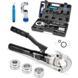 Copper Tube Fitthing Hydraulic Press Plumbing Tool Kit Pipe Crimper Pressing Pliers with 1/2, 3/4, 1" Stainless PEX Press Sleeves for Copper Pipe