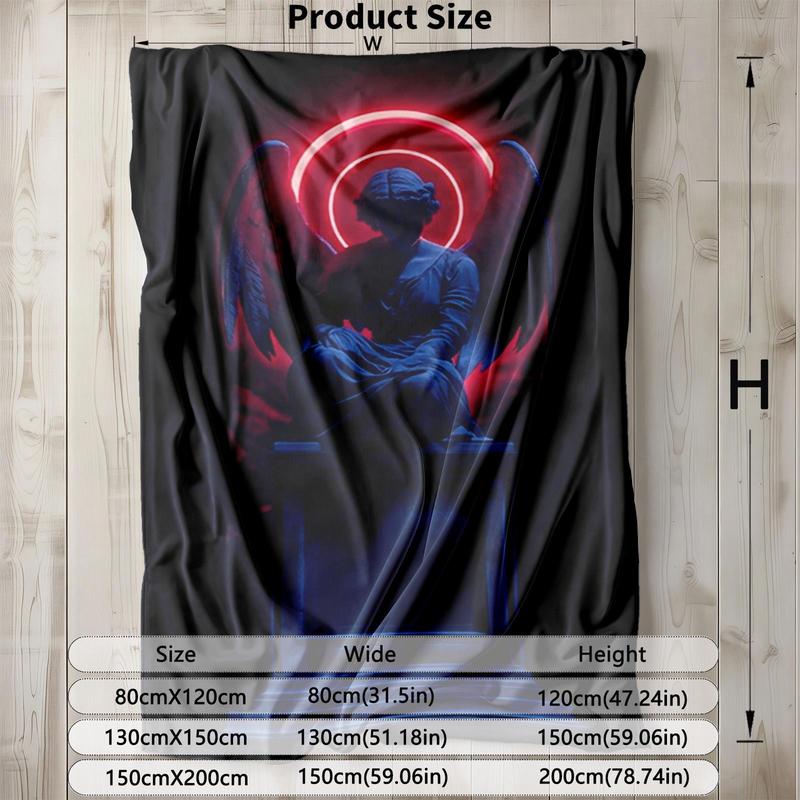 1 piece Blue statue angel with red halo background themed flannel blanket - Oversized fluffy warm sofa blanket, flannel for beds, all-season multi-purpose, modern style, machine washable, digital print design, 100% polyester, suitable for sofa