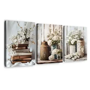3-Piece Vintage Floral Wall Art Set, Wooden Frame Modern Print Canvas Decorations for Living Room & Bedroom Walls Modern Home Decoration