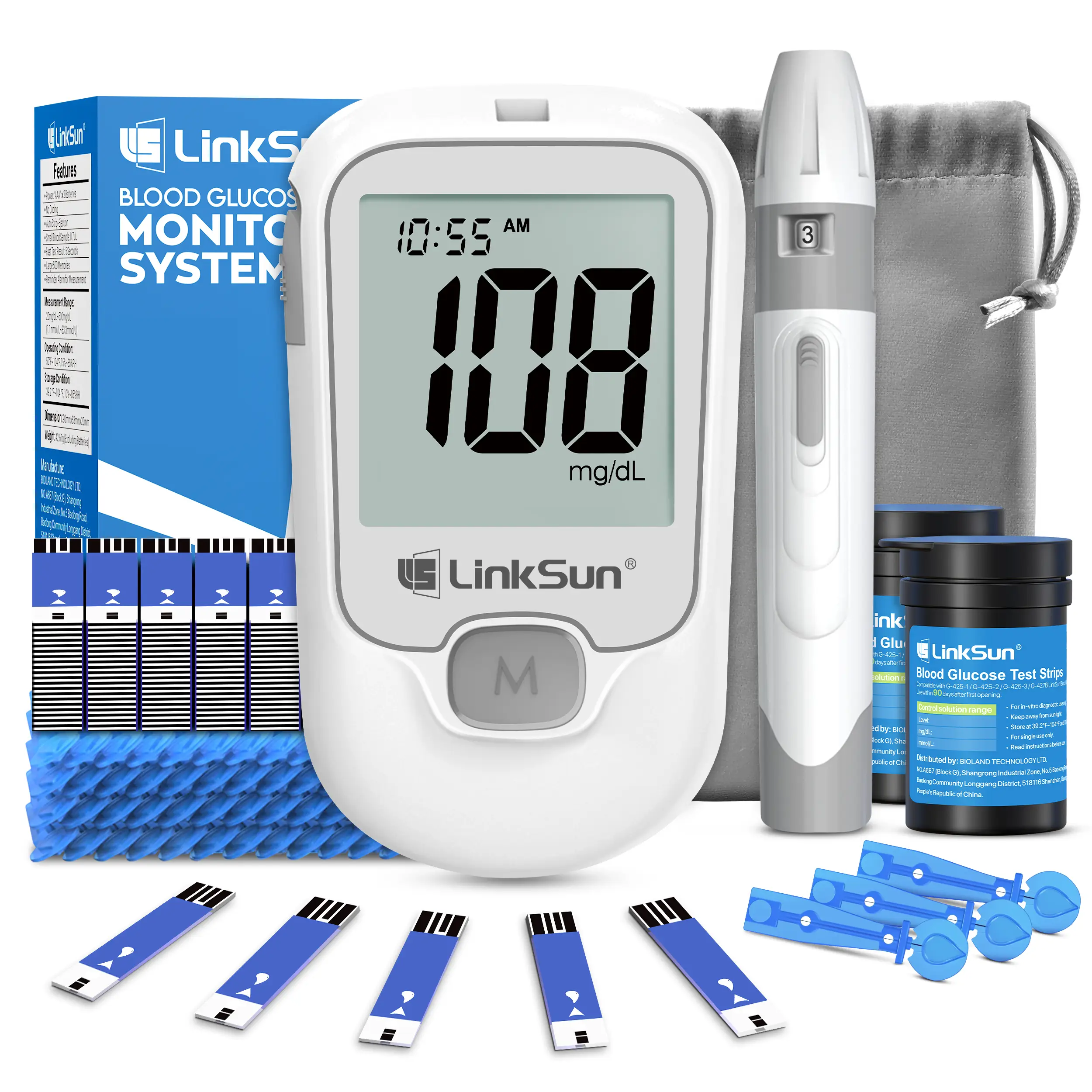 FallFreshness LinkSun G-425-1 Blood Glucose Monitor Kit - Fast, Accurate & Easy! Tailored for Seniors & Home Use. Includes 100/50 Test Strips, 100/50