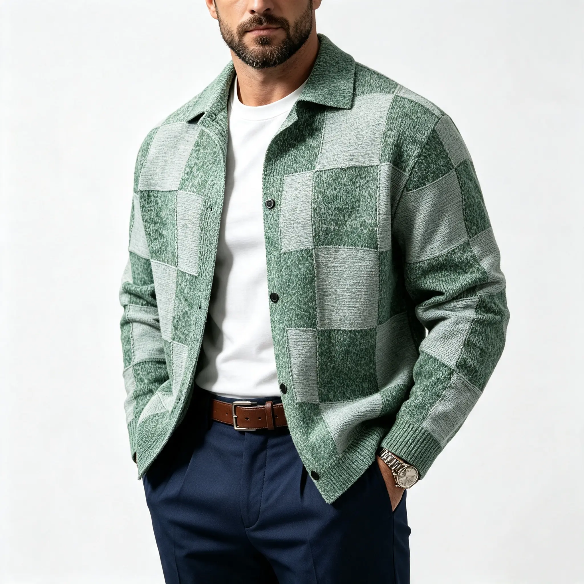 Men’s green/gray plaid knit cardigan jacket, casual long-sleeve outerwear, versatile for business wear, suitable for spring and autumn outdoor use