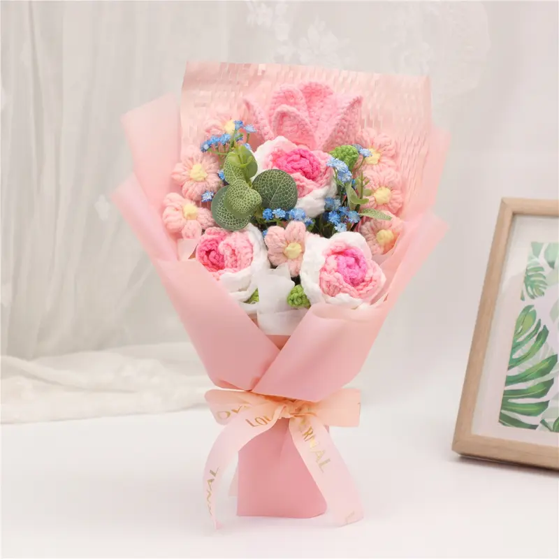 Positive Energy Knitted Doll with Rose Bouquet, Home Desktop Decor