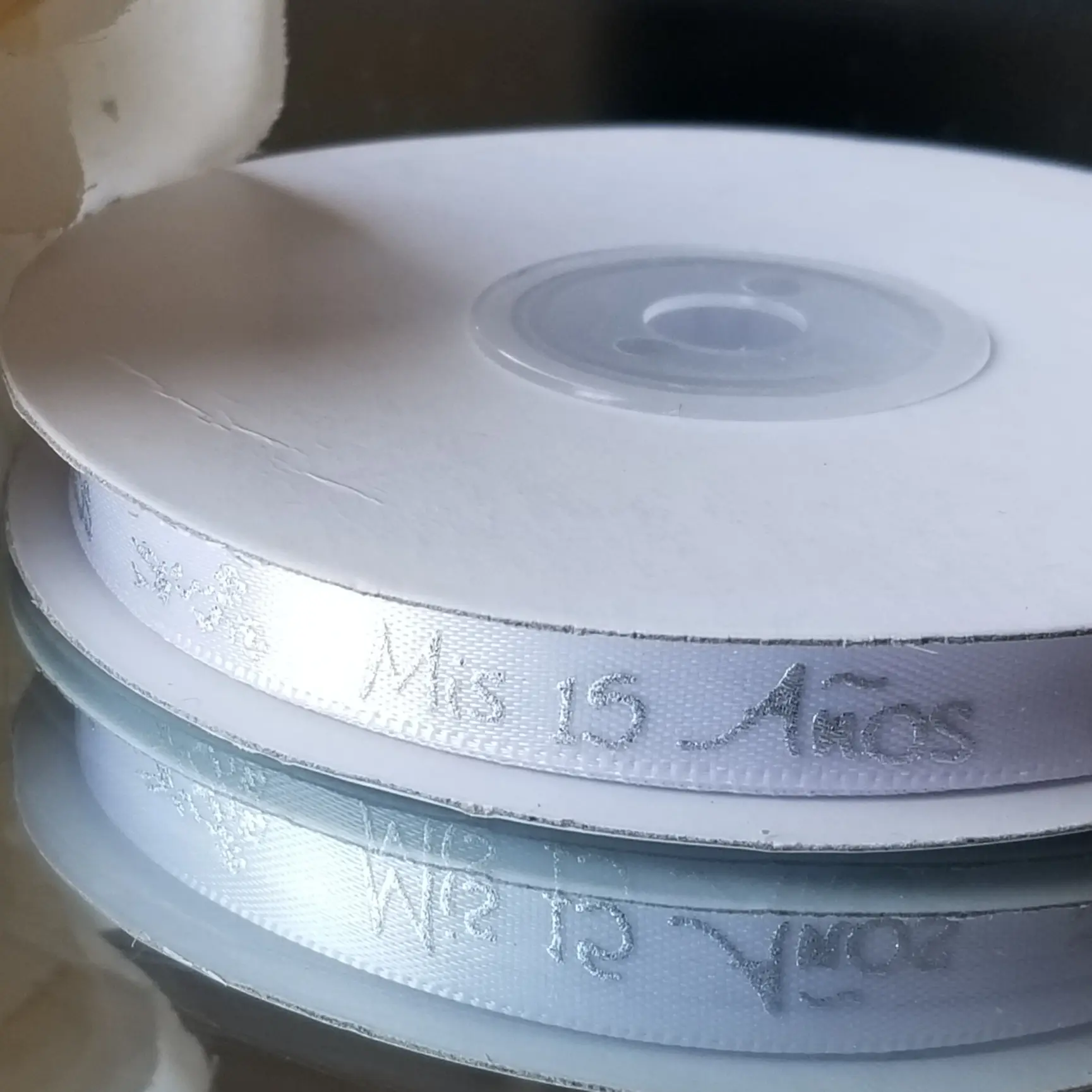 25 Yard Single Face "Mis 15 Años " Ribbon White & Sliver Letter