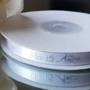 25 Yard Single Face "Mis 15 Años " Ribbon White & Sliver Letter