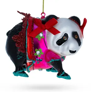 Festive Panda in Colorful Dress Glass Christmas Ornament