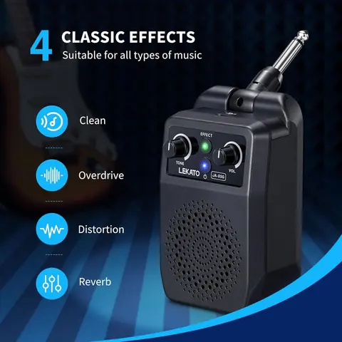 LEKATO JA-05G Battery Powered 5W Loud Mini Electric Guitar Amp - Rechargeable, Bluetooth, 4 Effects, 6.35mm Plug, 6h Practice Time, 2"x4.7"x4.7", Compact Portable Guitarist Practice Accessory (Free delivery)