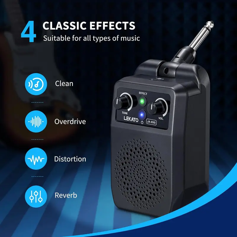 LEKATO JA-05G Rechargeable Battery-Powered 5W Loud Output Mini Electric Guitar Amp - Bluetooth, Built-in 4 Effects, 6.35mm Plug, 6h Practice Time, 2" x 4.7" x 4.7", Compact and Portable Guitarist Practice Accessory (Free Delivery)