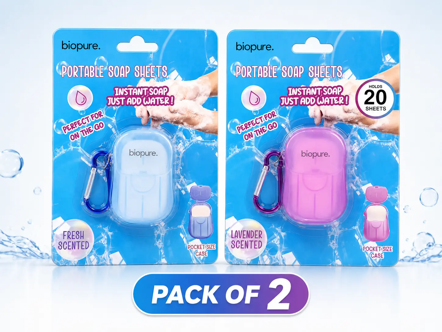 Pack of 2 - Biopure Portable Soap Sheets Scented Pocket Size Case & Keychain (20 sheets each), Instant soap, 1 wash per sheet, just add water, fresh scented, pocked size, portable soap sheets, perfect for on the go, wash hands ASSORTED COLORS