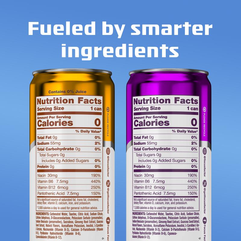 FOCUS FACTOR Focus + Energy Drinks - Zero Sugar - Pack of 12 - 120mg Caffeine - Nootropics & B-Vitamins - Original, Berry or Orange Flavor - for Focus, Energy, Productivity & Performance