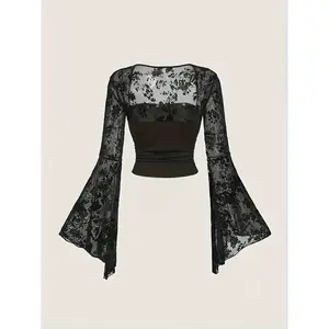 Elegant lace bell shaped sleeve butterfly combination top, casual elegance, polyester blend, tie collar, long sleeves, solid color, knitted fabric, women's fashionRAIMENTRY