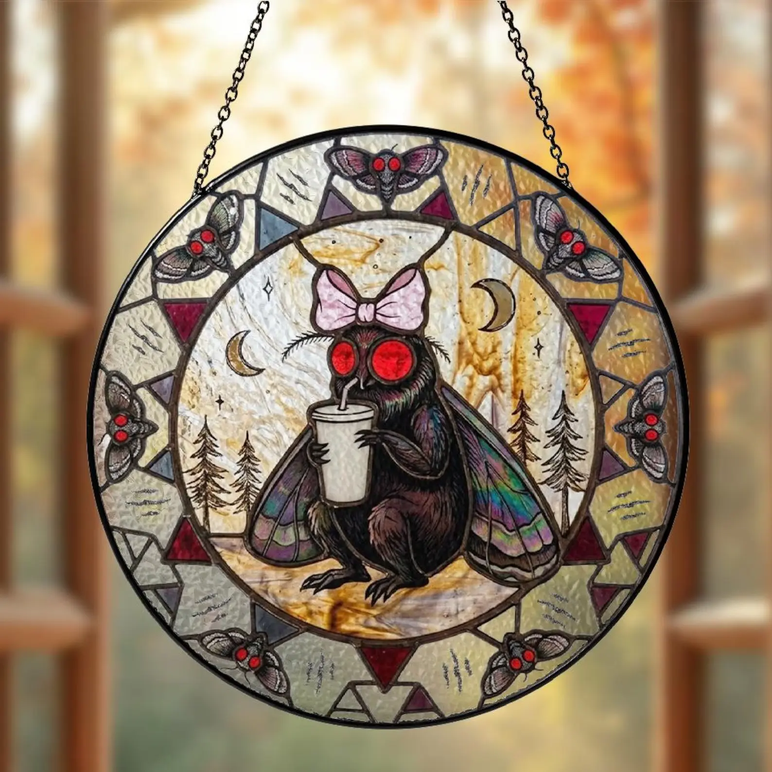 Cute Mothman Suncatcher, Cryptid Stained Glass Window Hanging, Spooky Season Room Aesthetic
