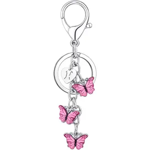 Letter Initial Keychain Butterfly Purse Charm Keyring Accessory Cute Keychain for Backpack Pink