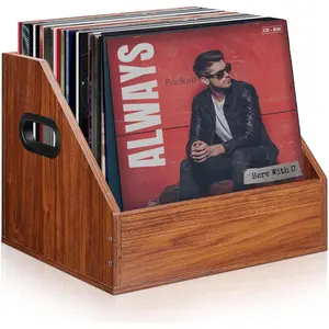 Vinyl Record Storage, Wooden Record Crate Box Case, Vinyl Album Storage Record Holder Holds up to 60+ Records, Desktop Record Organizer for Storage, Decor and Collection Display (Walnut)
